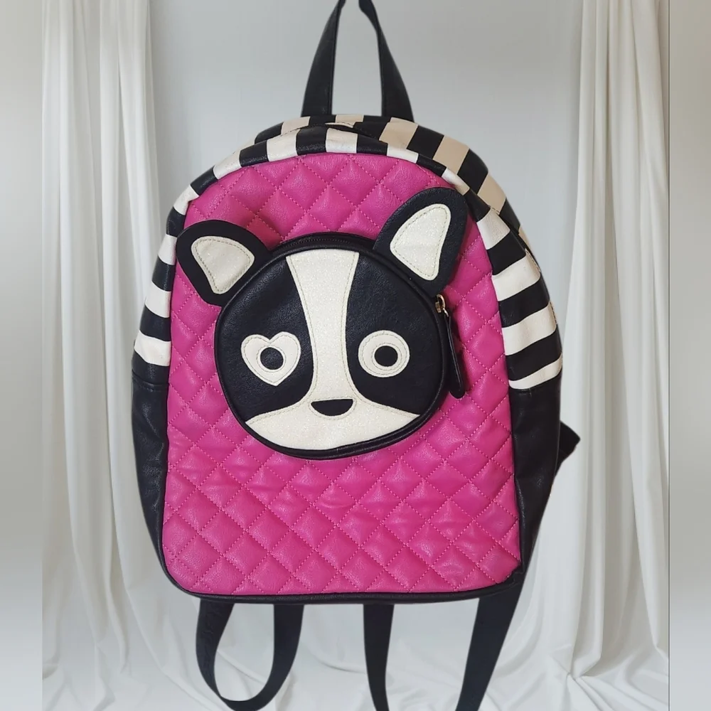 Betsey Johnson Frenchie Puppy Dog Backpack. Quilted Pink Black White. Size 13x11