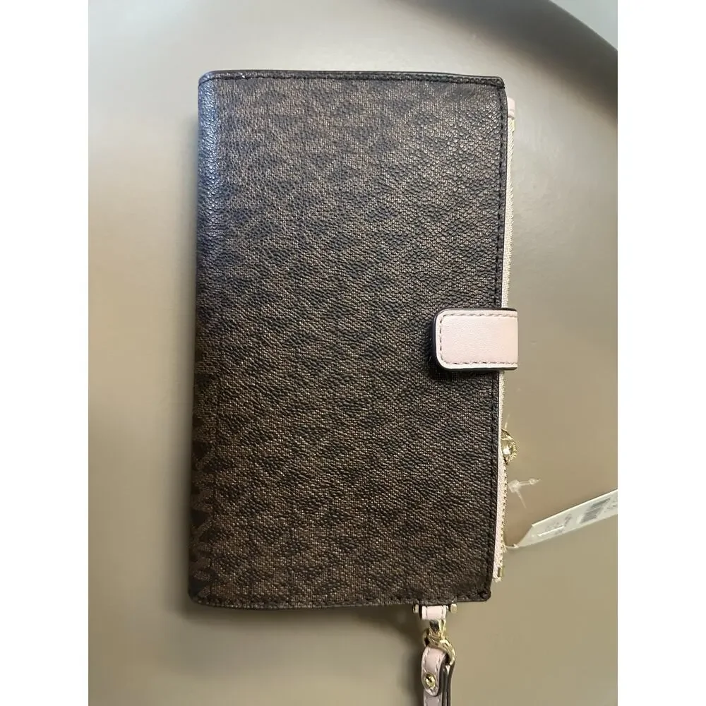 Michael Kors Signature Coated Canvas Zip Wristlet Wallet Brown MK Logo NWT