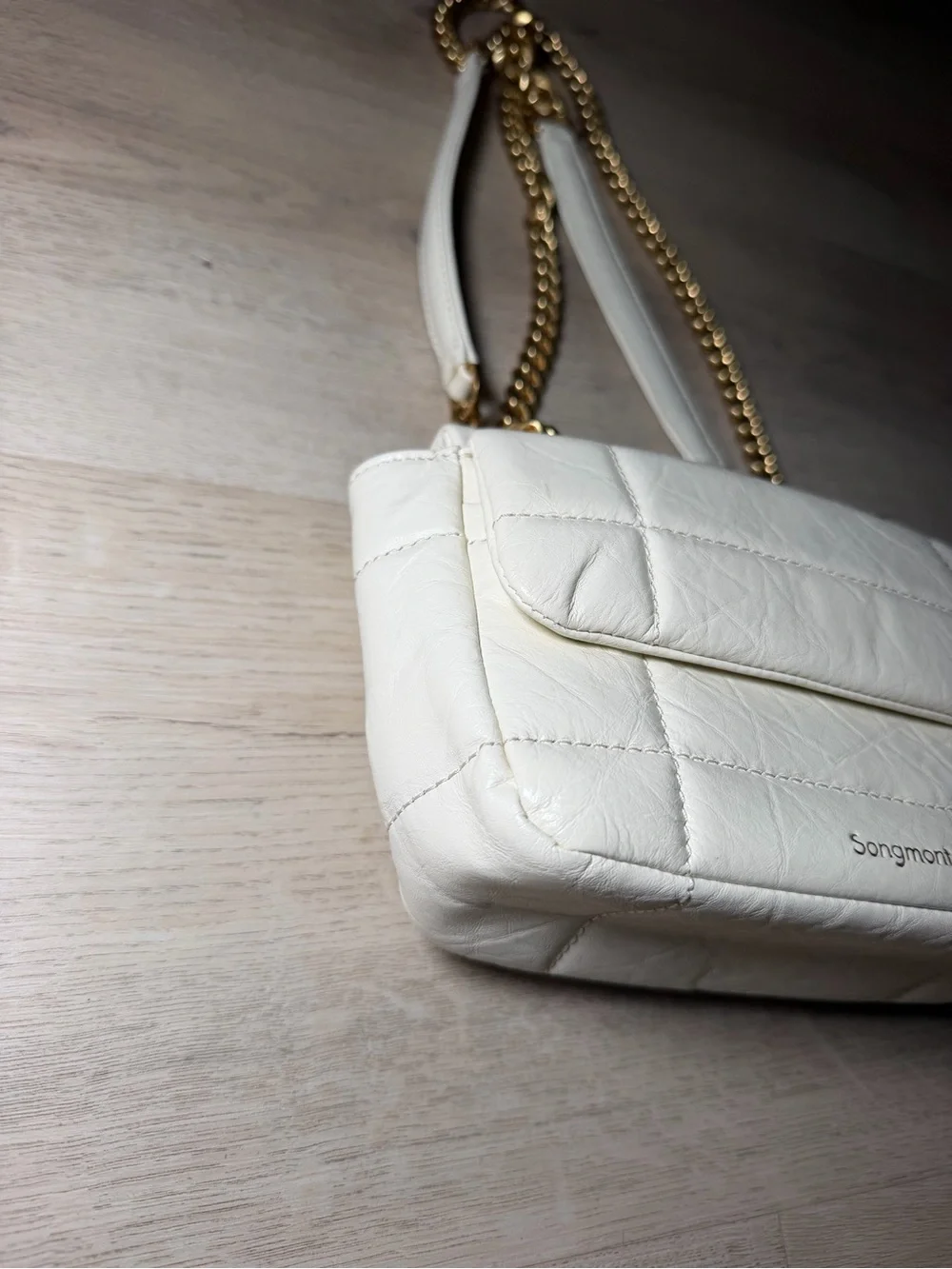 Songmont White Quilted Leather Shoulder Bag with Gold Chain and Hardware