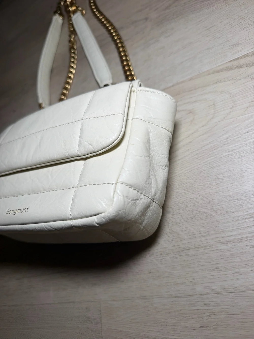 Songmont White Quilted Leather Shoulder Bag with Gold Chain and Hardware