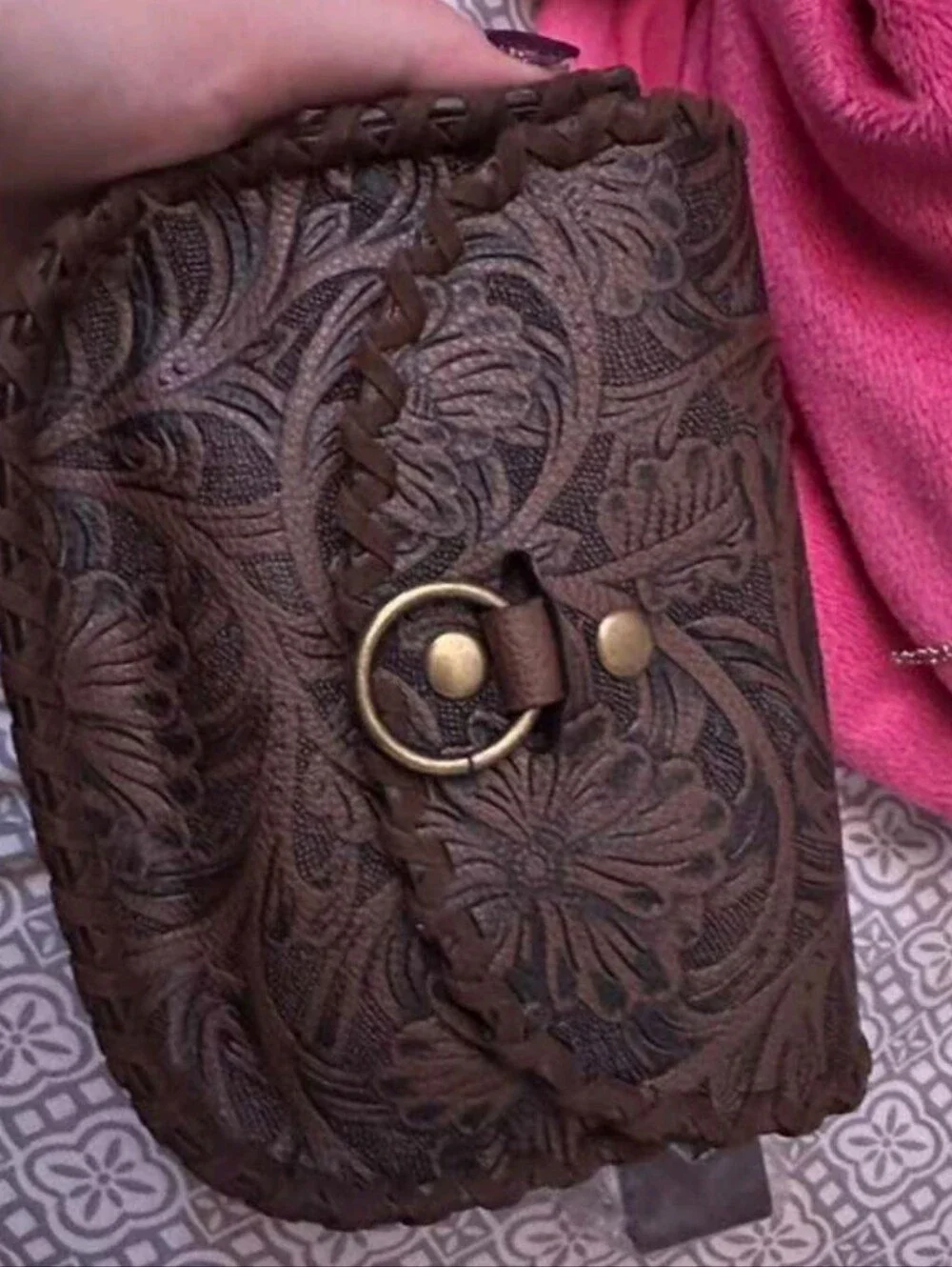 Brown Tooled Faux Leather Belt Bag