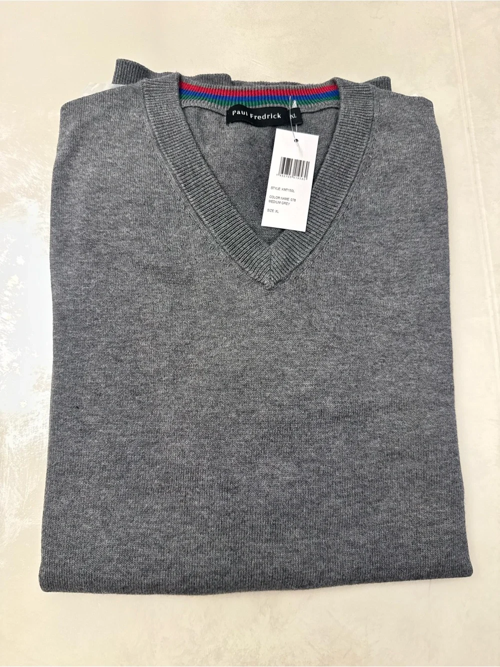 Paul Fredrick Medium Grey V-Neck Sweater with Red, Blue & Green Stripe Collar