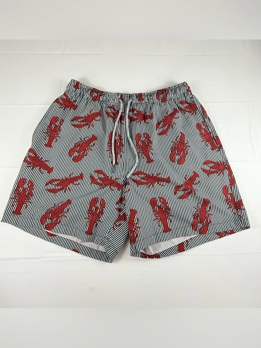 RAINFOREST Men's Red Lobster Print Swim Trunks on Navy Stripe