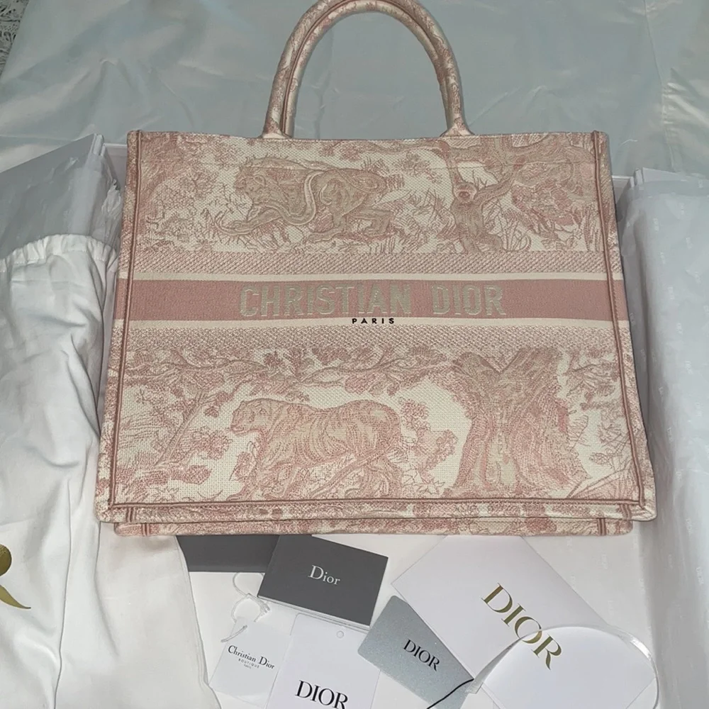 LARGE Dior Book Tote Pink Toile de Jouy Embroidery