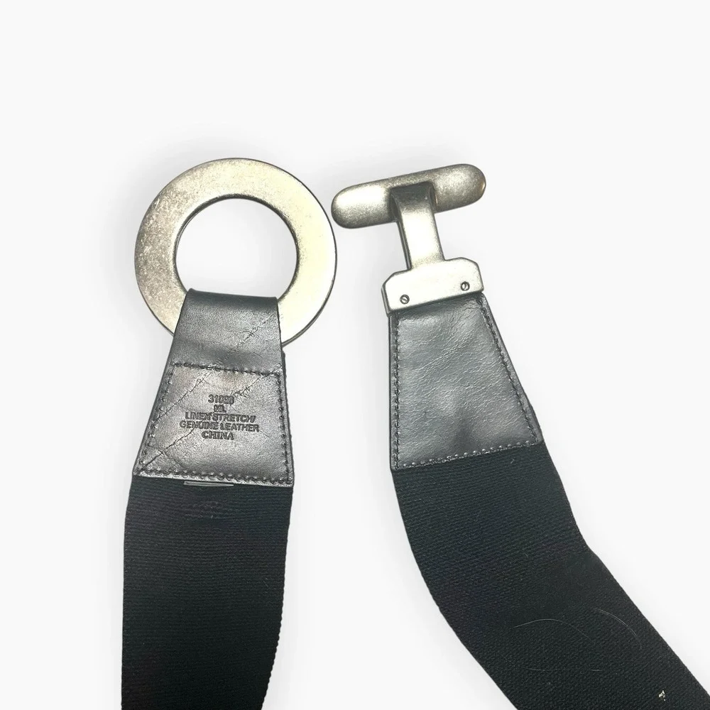 Chico's Silver Black Stretch Belt Leather Linen  Circle Buckle M / L Western