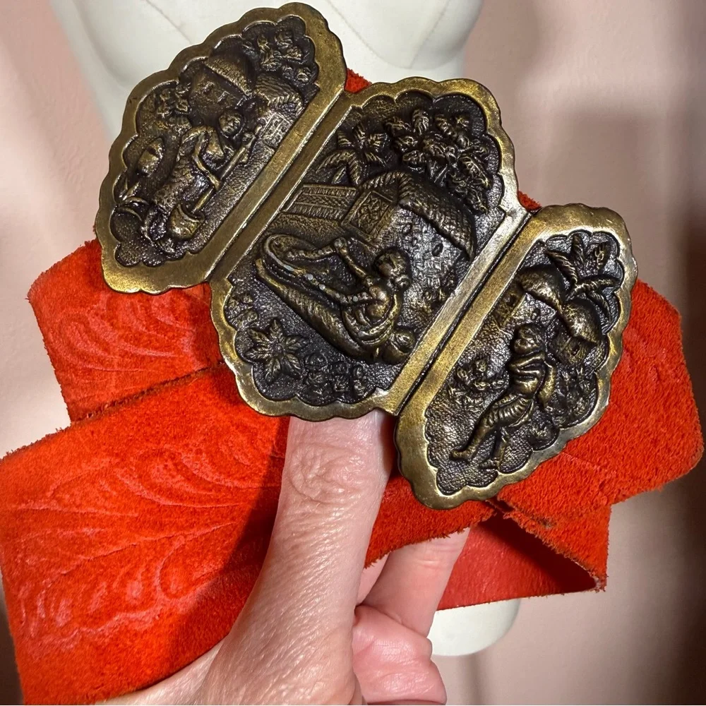Vintage 1960 70 Boho Exotic Brass buckle Embossed red Leather wide festival Belt