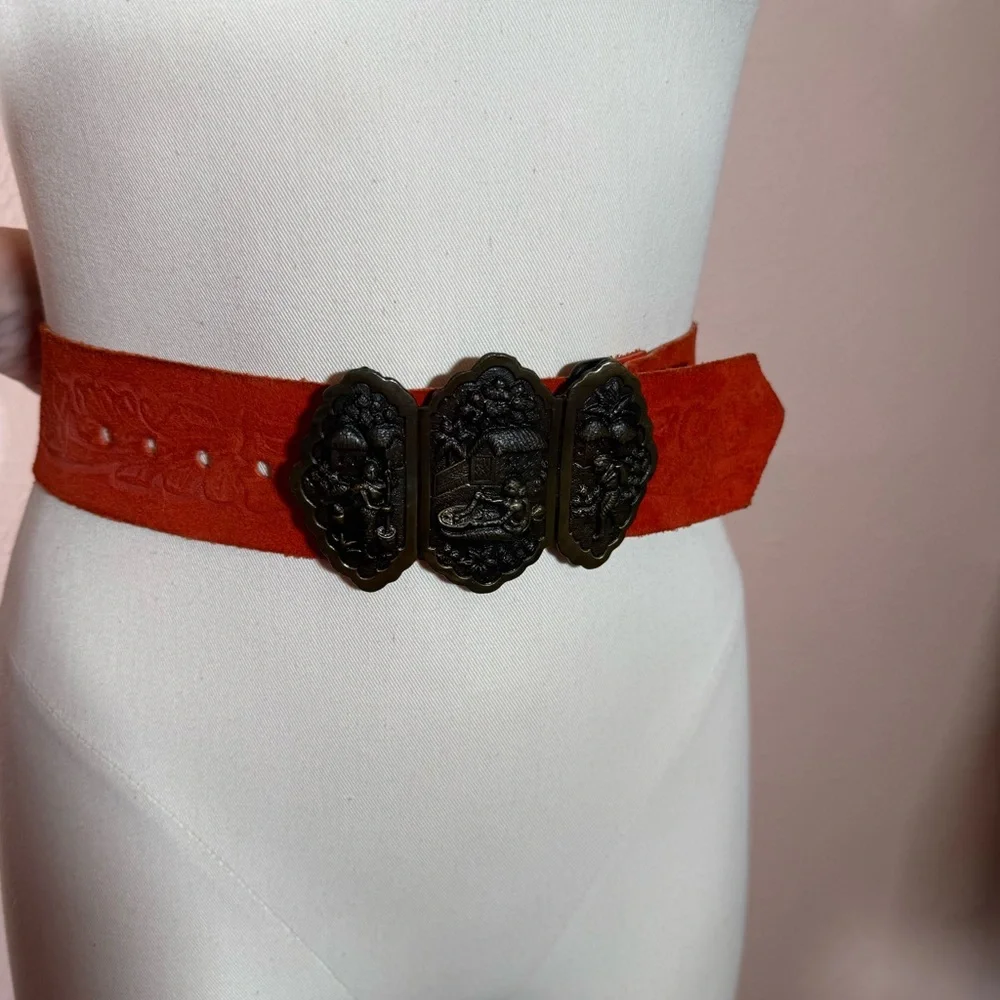 Vintage 1960 70 Boho Exotic Brass buckle Embossed red Leather wide festival Belt