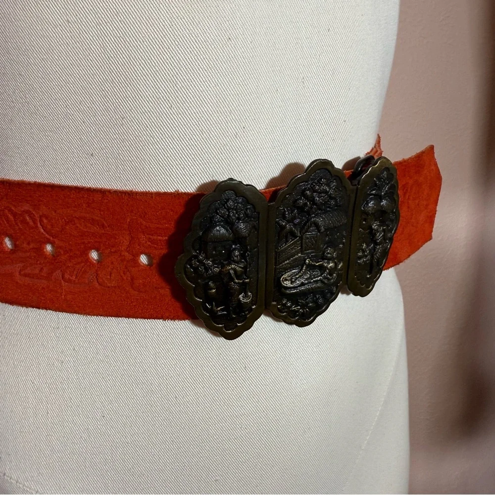 Vintage 1960 70 Boho Exotic Brass buckle Embossed red Leather wide festival Belt