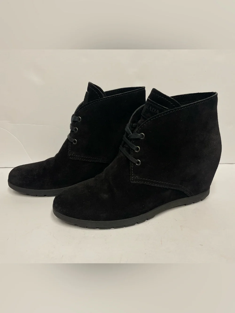 Prada sport Black Suede Wedge Ankle Boots - Women's Lace-Up Bootie 40