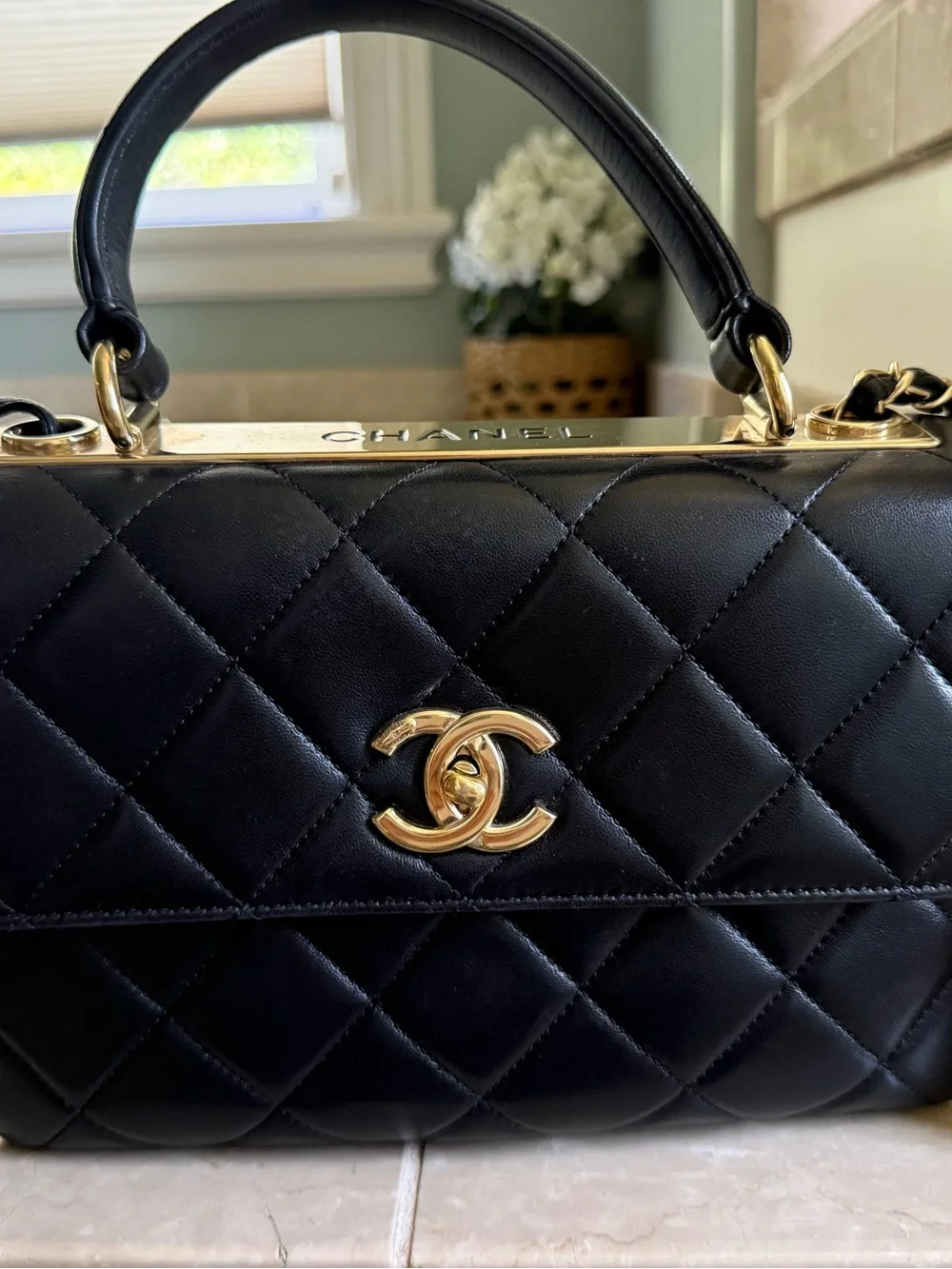 CHANEL Black Quilted Leather Satchel with Gold CC Hardware ; Small Trendy CC bag