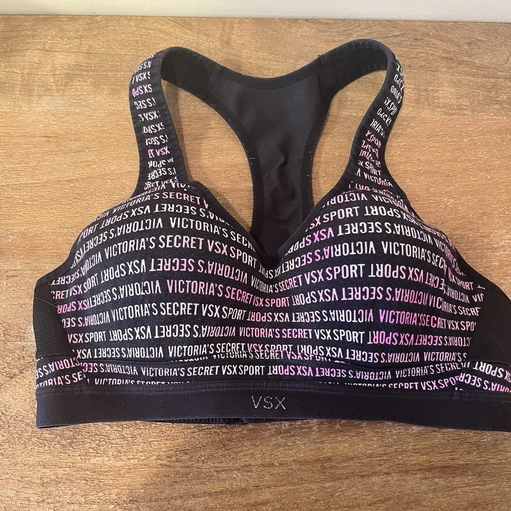 Victoria's Secret VSX Sports‎ Bra 32B Black Pink Logo Athletic Racerback Workout
