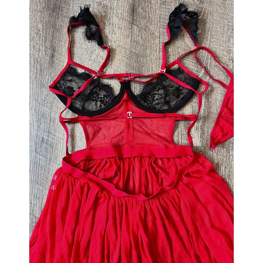 Red and black strappy 2 pc lingerie‎ teddy mesh lace babydoll sexy size S/M