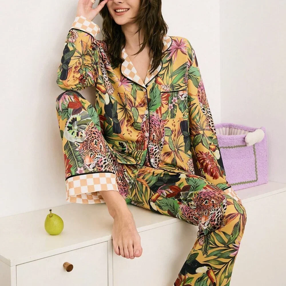 Multicolor Casual Women's Tropical Loungewear Animal Print Pajama Set