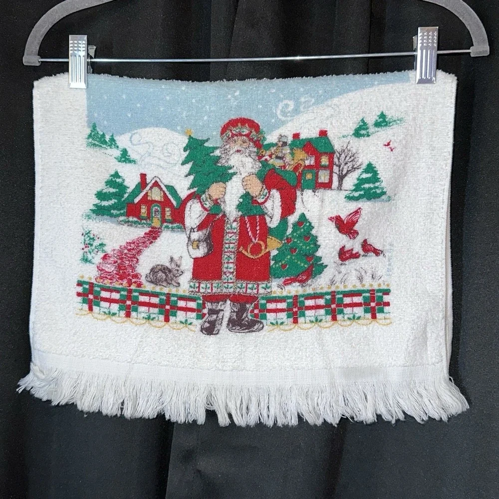 Vintage‎ Cannon Tea Hand Towel Christmas Santa Cardinals Winter Fringe 15x24