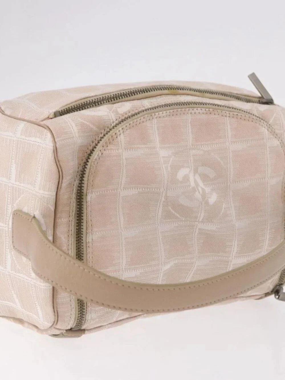 CHANEL New Travel Line Hand Bag Canvas Beige Silver CC Auth 183877