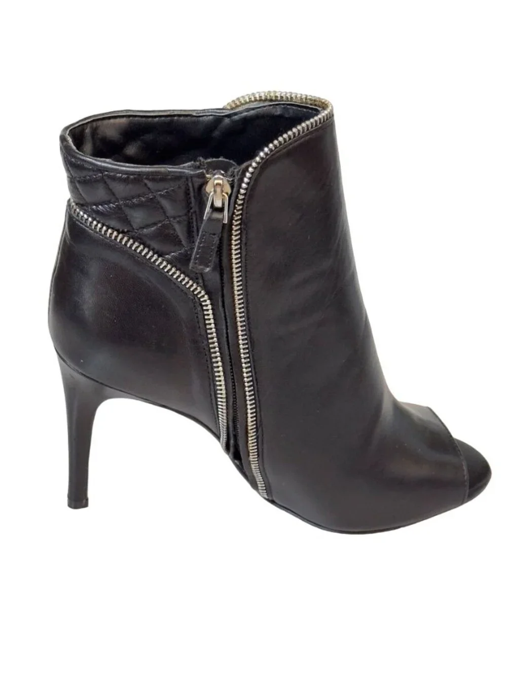 Halogen Black Leather Open-Toe Stiletto Ankle Boots With Zipper Detail Size 8M