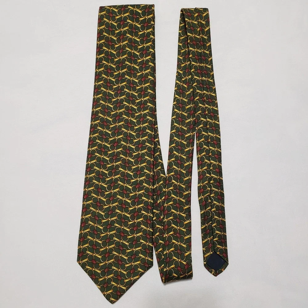 Brooks Brothers Mens Silk Tie Green Gold Burgundy Bit Pattern Made in‎ USA