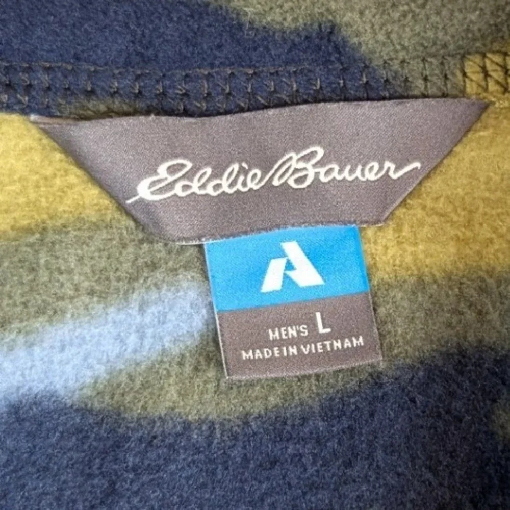 Eddie Bauer Mens Large 1/4 Zip Fleece Pullover Blue Green‎ Camo Pocket Logo