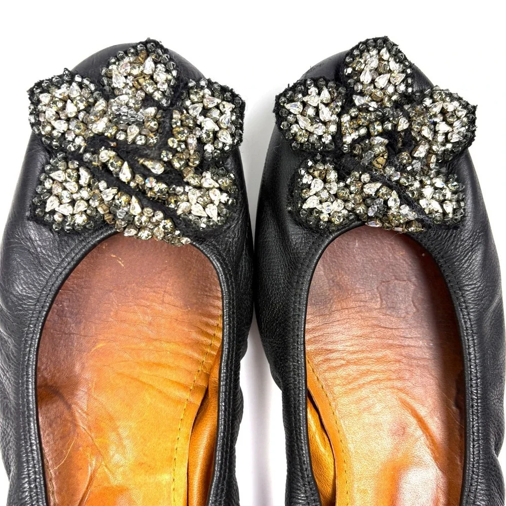 Lanvin Ballerina Alec Fleur Strass Flats Womens Sz 8/8.5 Black‎ Leather Jewel