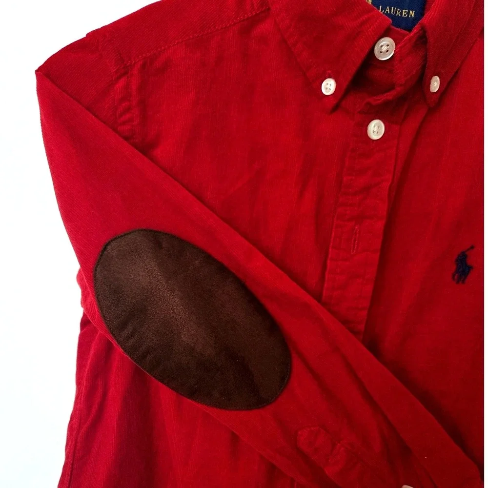 Ralph Lauren Kids Red Corduroy Button Down Shirt Elbow Patches Size 8 S/P