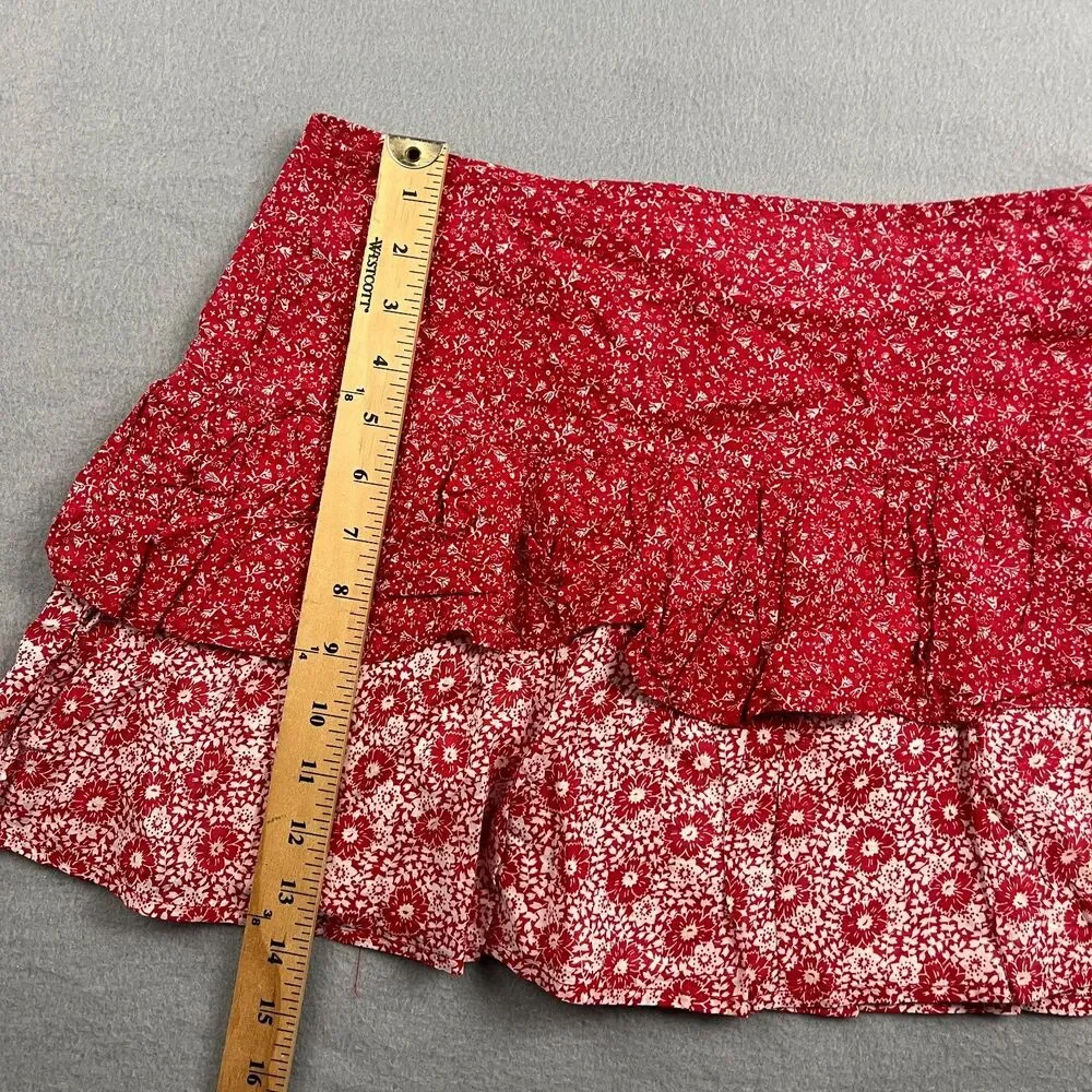 NWT At Last & Company Vtg Ruffled Cottagecore Red Floral Mini Skirt Women's Med