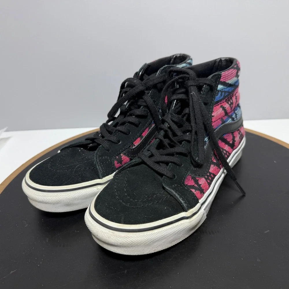Vans Sk8 Hi Women Size 5 Geometric Tribal Woven High Top Black Pink Skate Casual