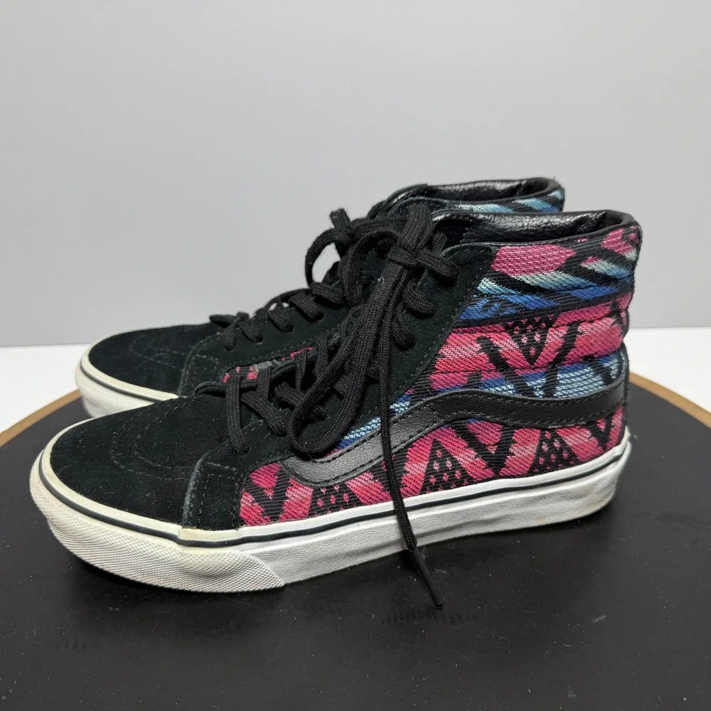 Vans Sk8 Hi Women Size 5 Geometric Tribal Woven High Top Black Pink Skate Casual