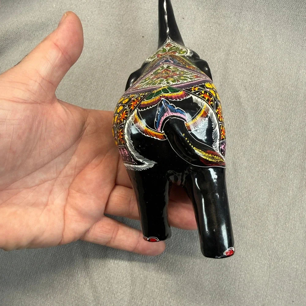 Hand Painted Elephant Figurine Black Multi Color Trunk Up Good Luck Folk Art