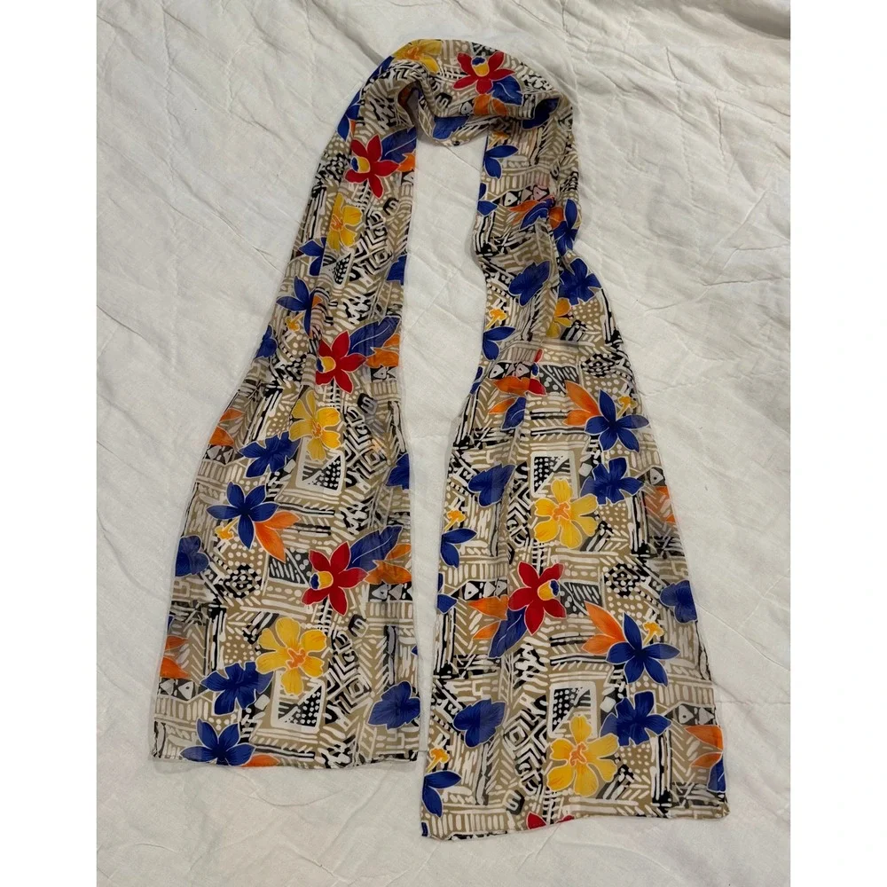 Vintage Tropical Floral Hibiscus Geometric Print‎ Scarf Blue Orange Tan