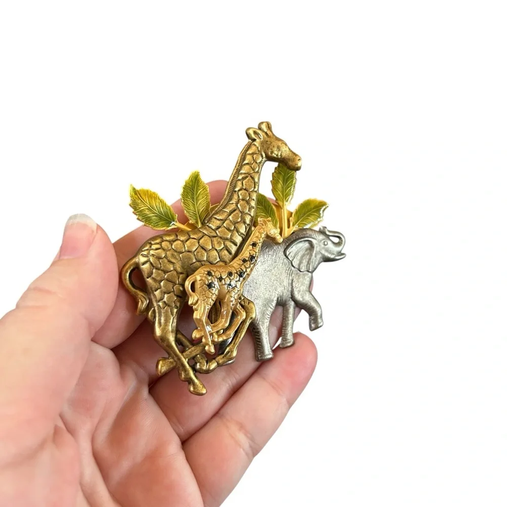 Vintage Mixed Metal Giraffes & Elephant Safari Brooch 3D Pin Statement Piece