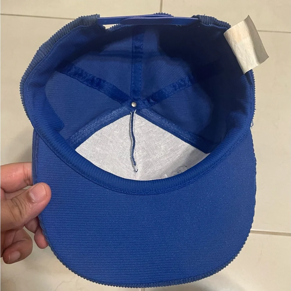 Vtg New York Giants Blue Courdoroy Spellout Script SnapBack Hat Cap