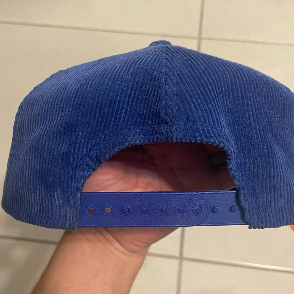 Vtg New York Giants Blue Courdoroy Spellout Script SnapBack Hat Cap