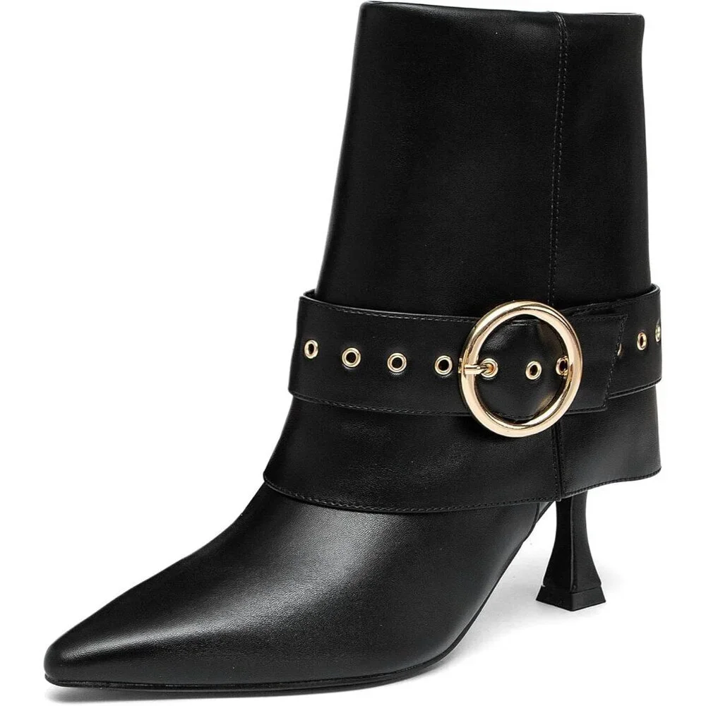 Women's Black Pointed Toe Ankle High Heel Short Booties With Gold Buckle Strap