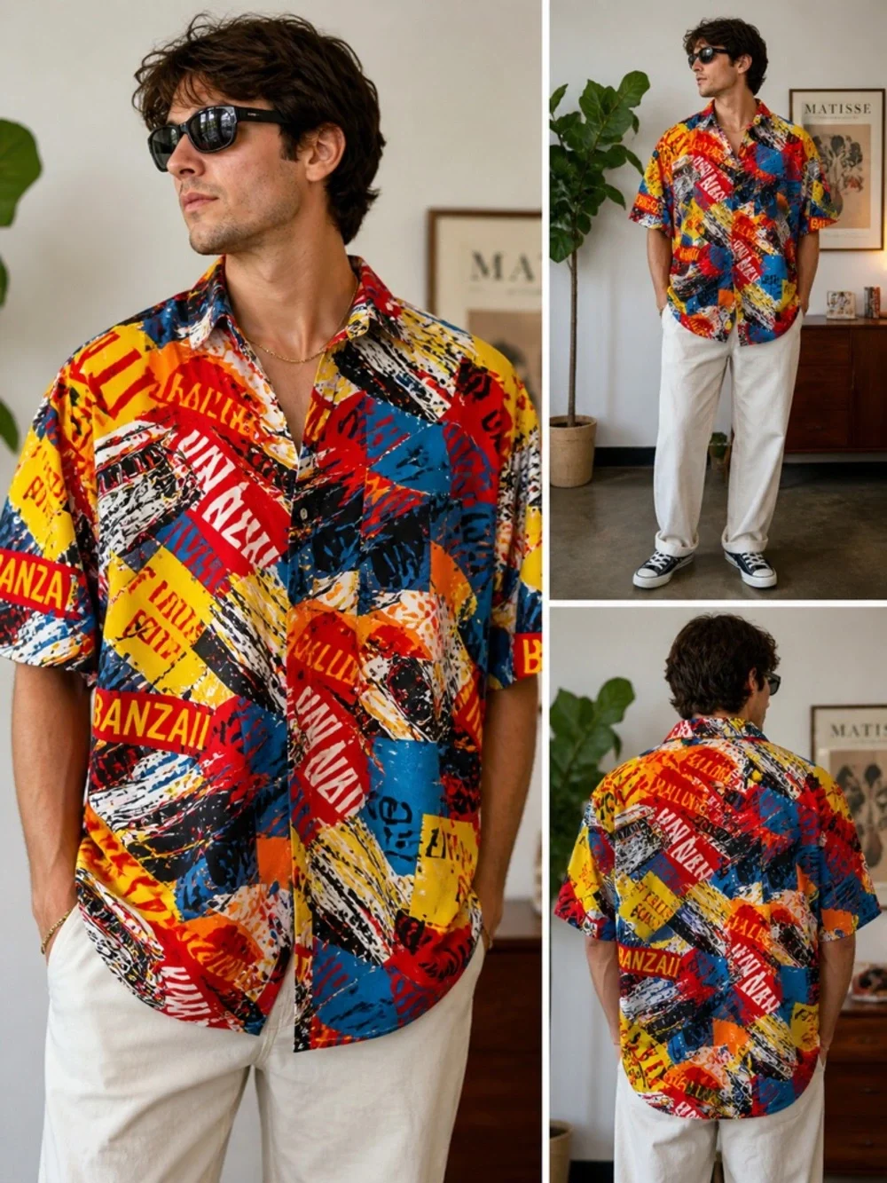 Vintage‎ Daniel Hechter Hawaiian Graphic Button-Up Shirt XL Retro Surf Print