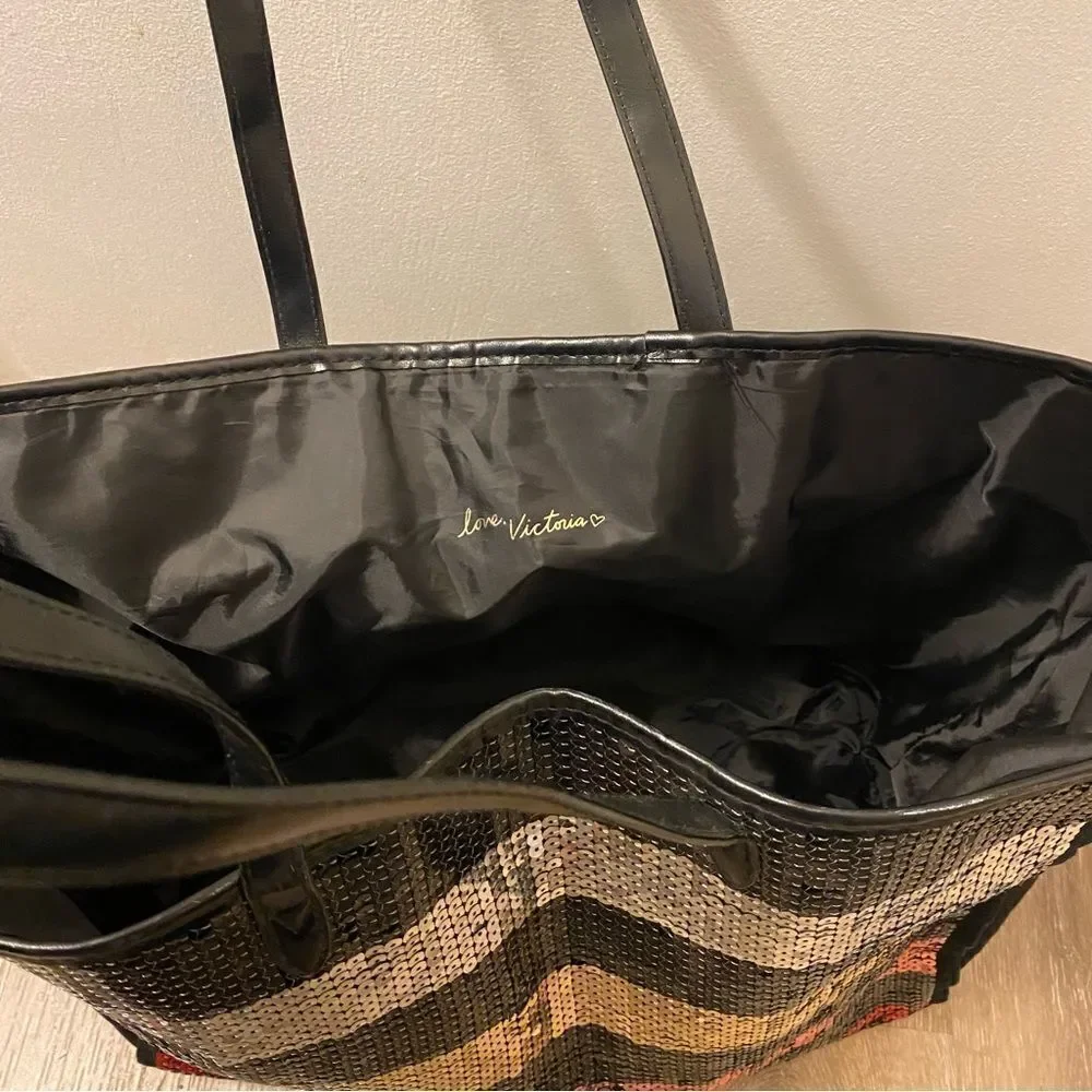Victoria's Secret Stripe Sequin Carryall Tote beach Bag Black Red Silver Large