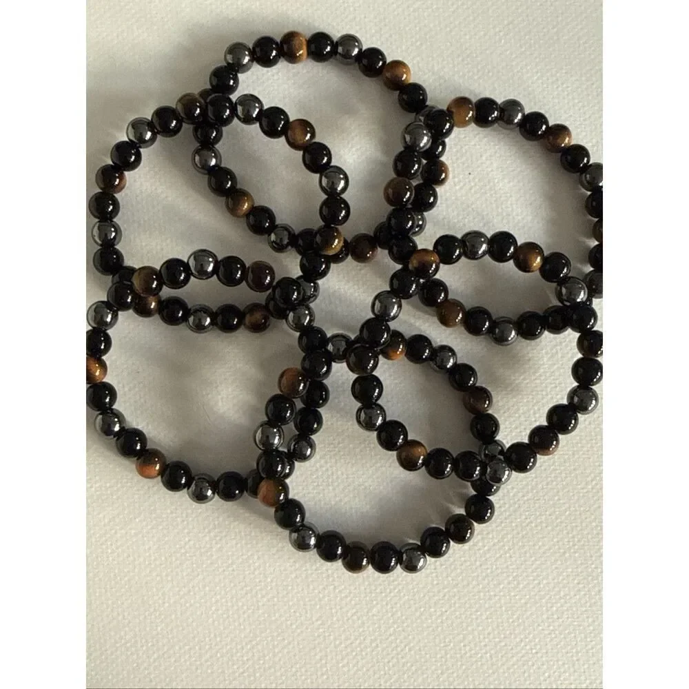 Set of 6 Tiger’s Eye Pattern and Hematite Finish Stretch Bracelets