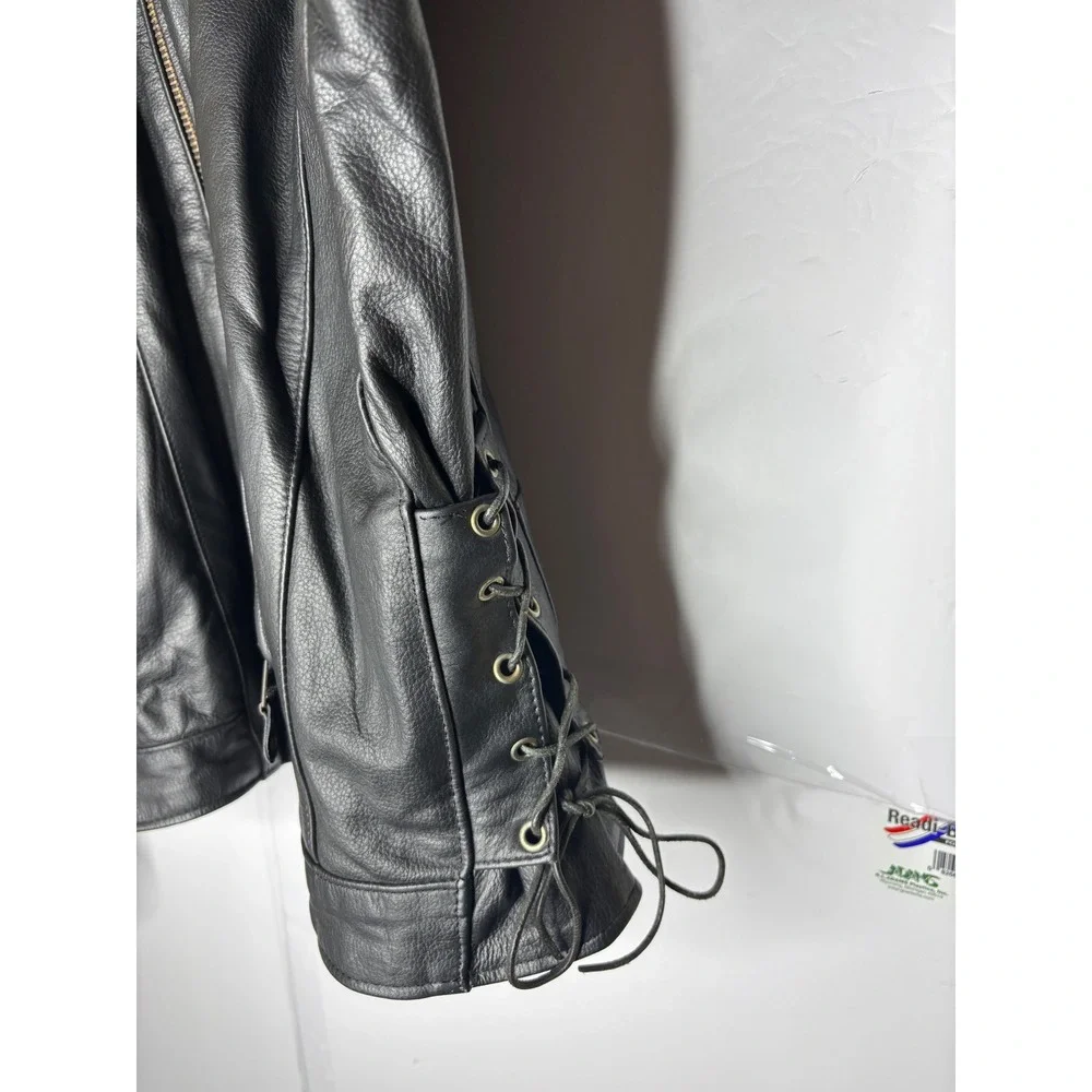 Mens‎ Black Genuine Leather Motorcycle Jacket Side Lace Up Biker Size 52 YKK Zip
