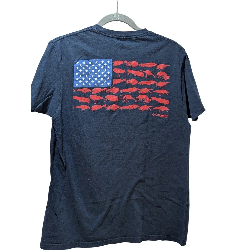 Columbia PFG Mens Size Medium Navy Blue Fishing Flag Graphic T Shirt 100% Cotton