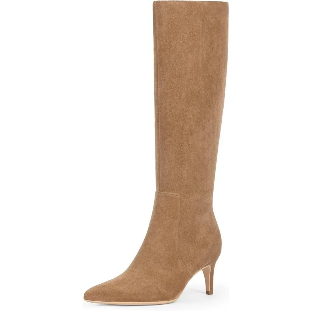 Women's Tan Suede Tall Boots Pointed Toe Kitten Heel Side Zipper Knee High Boots