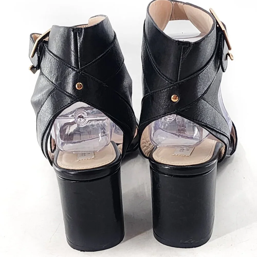 COLE HAAN Avani Black‎ Leather Block Heel Ankle Strap Sandal Buckle