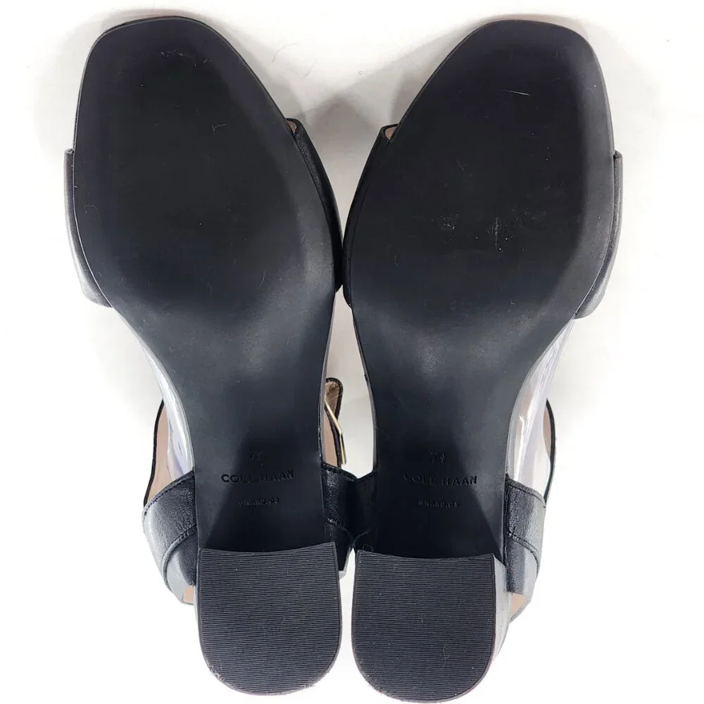 COLE HAAN Avani Black‎ Leather Block Heel Ankle Strap Sandal Buckle