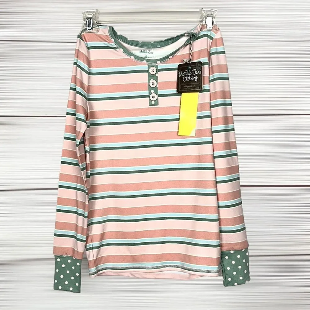NWT Matilda Jane Cozy Soft Striped Polka Dot Pajamas Top Long Sleeve size 14