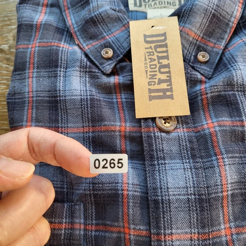 NWT Duluth Trading Co Mens Free Swingin Flannel Blue Orange Plaid L 52007 IKD
