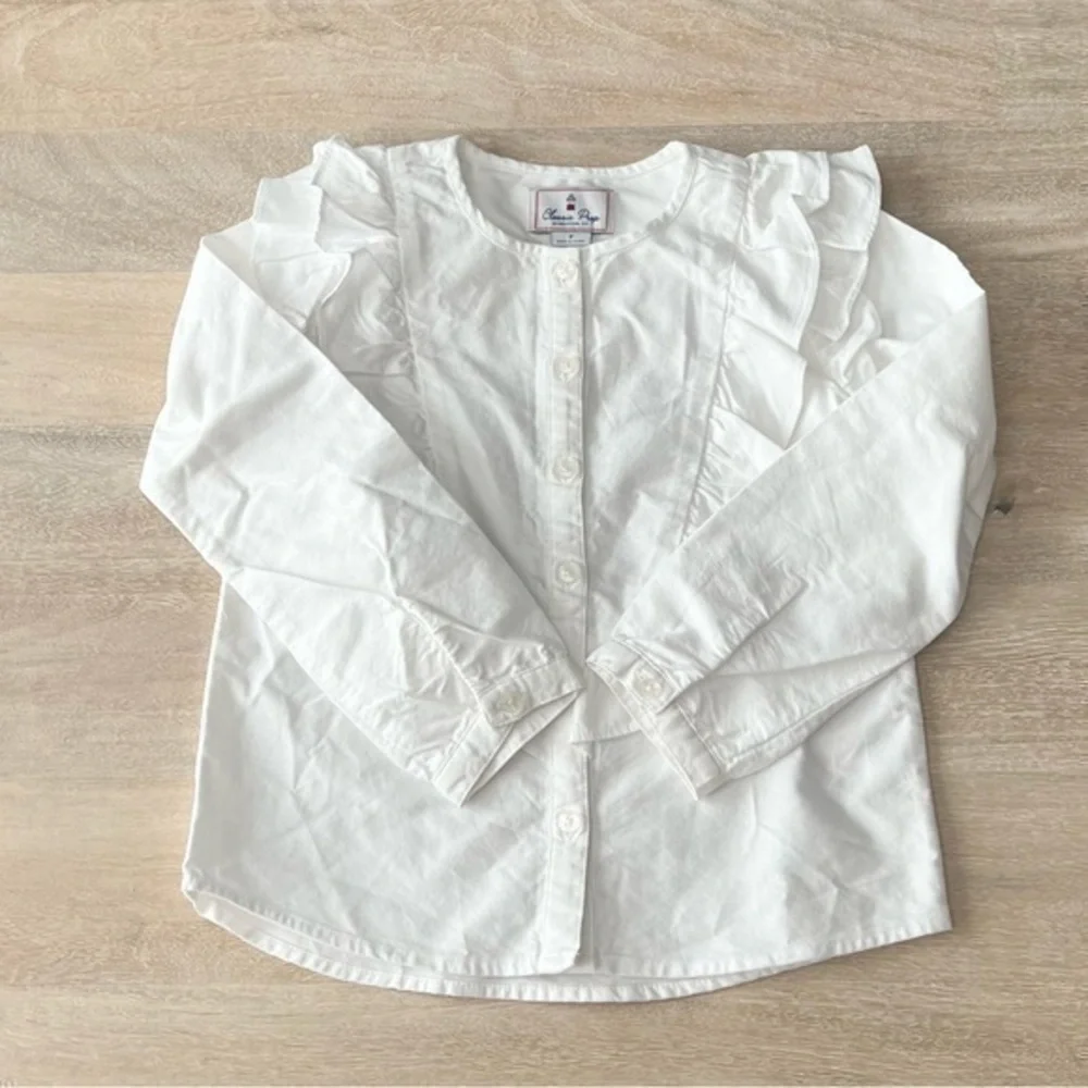 Classic Prep White Gemma‎ Preppy Ruffle Button Down Long Sleeve Shirt