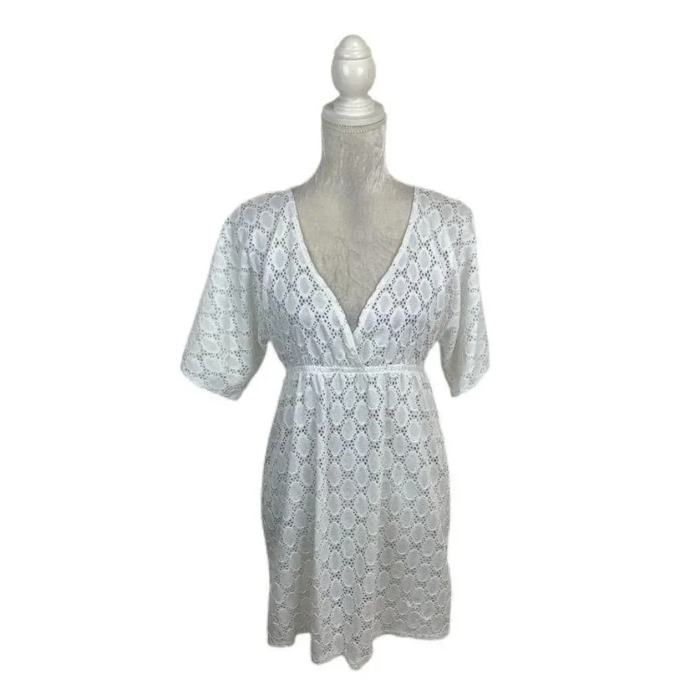 24th & Ocean‎ White Lace Swim Cover Deep V-neck M