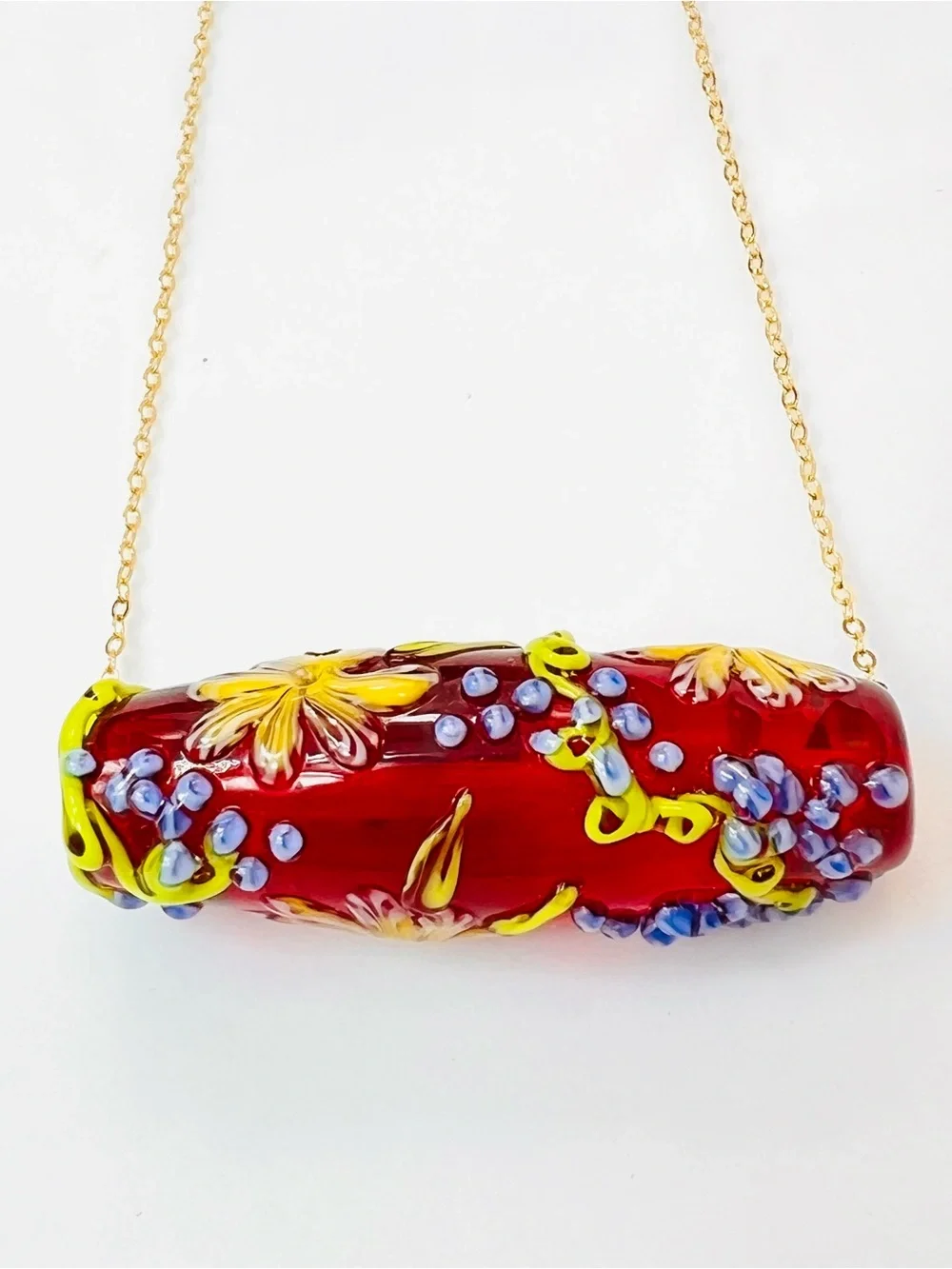 Venetian Murano Style Lampwork Glass Pendant Necklace 14K Gold Red Floral 18”