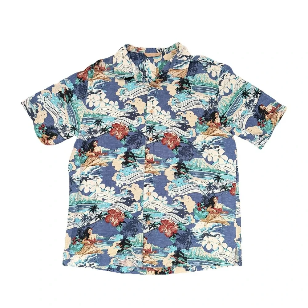 Paradise Collection Hawaiian Shirt Mens Medium Silk Tropical Hula Girl‎ Beach