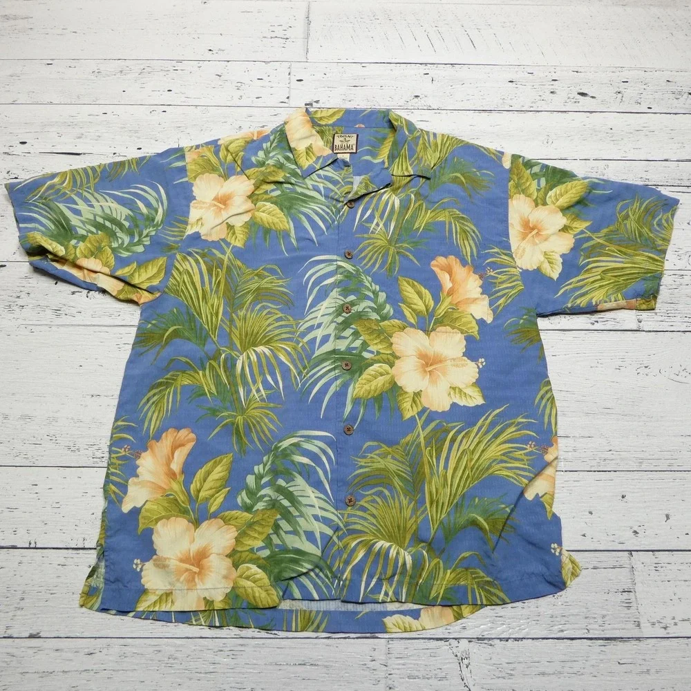 Tommy Bahama Shirt Mens Large Blue Silk Hawaiian Camp Button Up Hibiscus Aloha‎