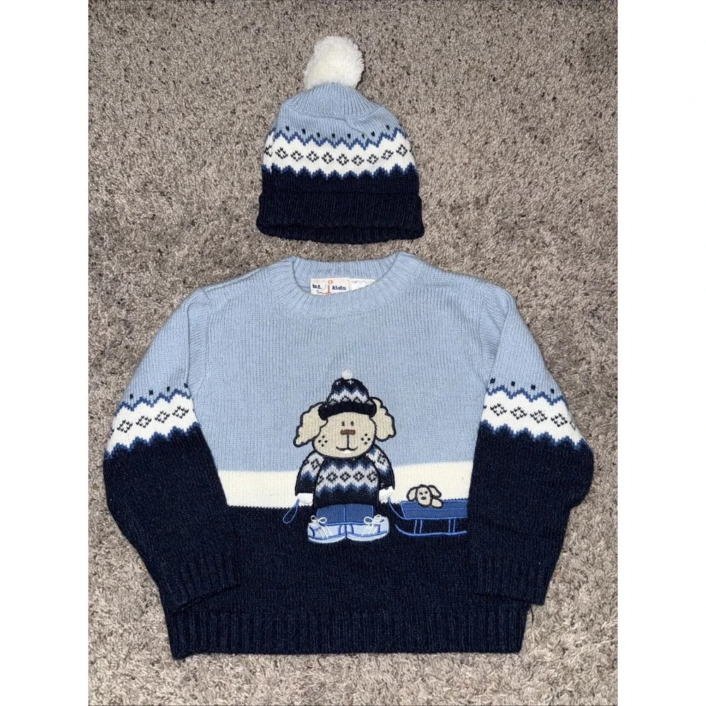 Vintage‎ b.t. kids Puppy Dog Pulling Sled  Sweater  w Beanie Hat Blue 24 Months