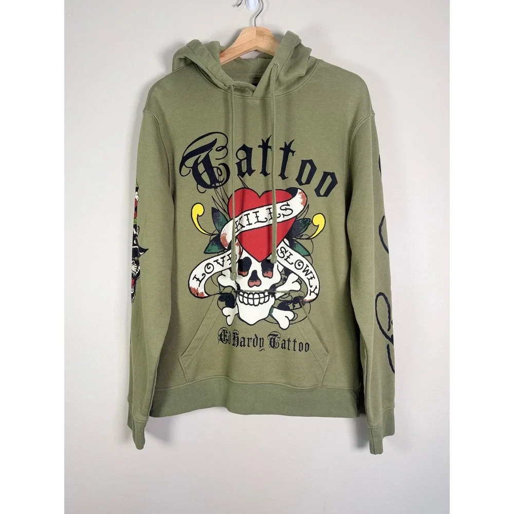 Ed‎ Hardy Mens Love Kills Slowly Tattoo Hoodie Olive Green Skull Graphic L Retro